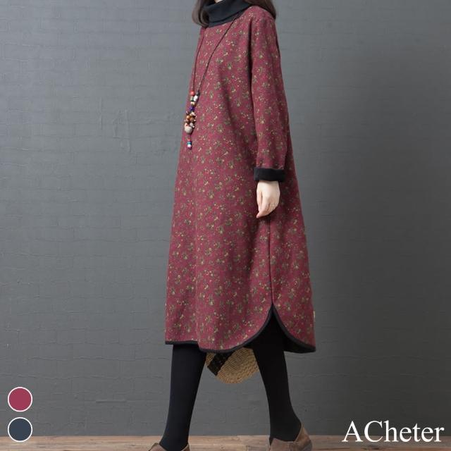 【ACheter】小碎花節慶翻領續暖絨洋裝#108196(2色)