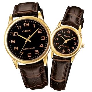 【CASIO 卡西歐】簡約時尚 壓紋皮革手錶 情侶對錶 黑x金框x深褐 38mm+25mm(MTP-V001GL-1B.LTP-V001GL-1B)
