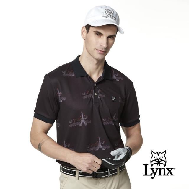 【Lynx Golf】男款吸汗速乾羅紋領設計巴黎鐵塔印花山貓LOGO短袖POLO衫/高爾夫球衫(黑色)