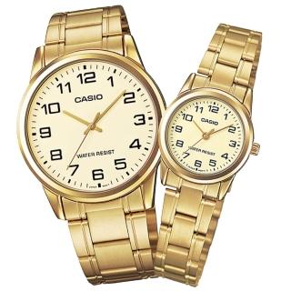 【CASIO 卡西歐】復古時尚 數字刻度 不鏽鋼手錶 情侶對錶 金色 38mm+25mm(MTP-V001G-9B.LTP-V001G-9B)
