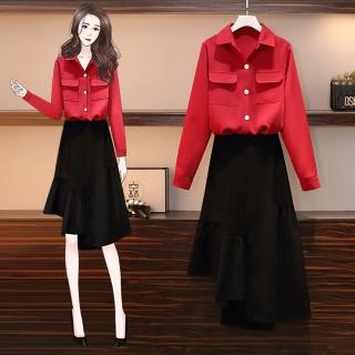【KVOLL】現貨-玩美衣櫃紅色襯衫半身裙套裝兩件組合L-4XL