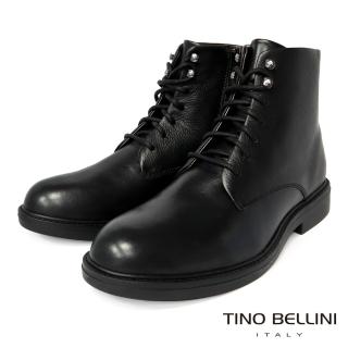 【TINO BELLINI 貝里尼】男款 牛皮革拼接側拉鍊綁帶中筒靴HM6T0006-1