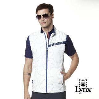 【Lynx Golf】男款滿版Lynx LXG印花造型配布拉鍊口袋無袖背心(白色)