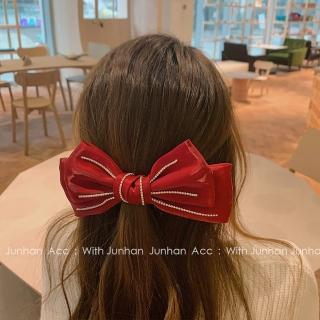 【HaNA 梨花】韓國INS微奢．天鵝絨水鑽妝飾公主大蝴蝶結髮夾