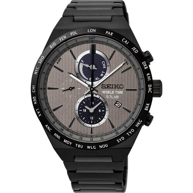 【SEIKO 精工】SPIRIT 太陽能兩地時間計時鋼帶腕錶-灰x鍍黑42mm(SSC527J1)