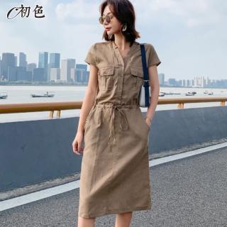【初色】簡約舒適口袋襯衫連身裙洋裝-共2色-97037(M-2XL可選)