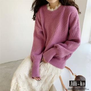 【JILLI-KO】蕾絲假兩件寬鬆針織衫-FL(藍/粉紅)
