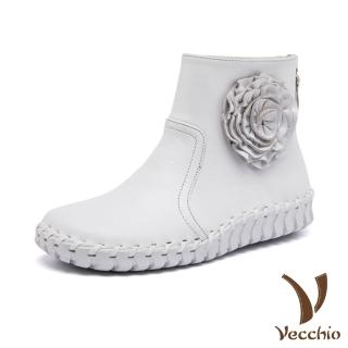 【Vecchio】真皮短靴/全真皮立體花朵手工縫線超軟底休閒短靴(白)