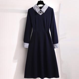 【Aichi 艾齊意】白底藍格紋領素面深藍短洋裝(S-2XL)