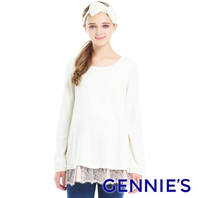 【Gennies 奇妮】拼接蕾絲針織長版上衣(米白T3A05)