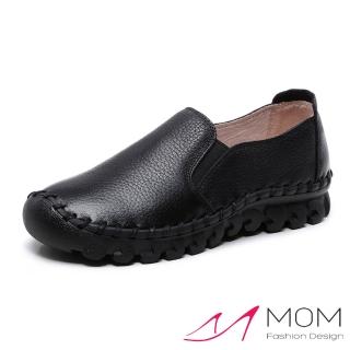 【MOM】全真皮手工縫線超軟底舒適經典純色樂福休閒鞋(黑)
