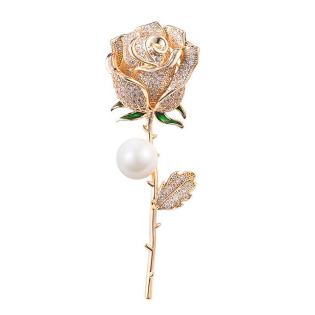 【Jpqueen】高貴金色玫瑰花珍珠鋯石2用胸針別針(金色)