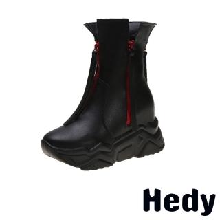 【Hedy】厚底馬丁靴 內增高馬丁靴/個性拉鍊流蘇造型復古厚底內增高休閒馬丁靴(黑)