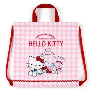 【小禮堂】Hello Kitty 日製菱格紋厚棉束口後背袋《紅白.格紋》手提袋.肩背袋.縮口袋