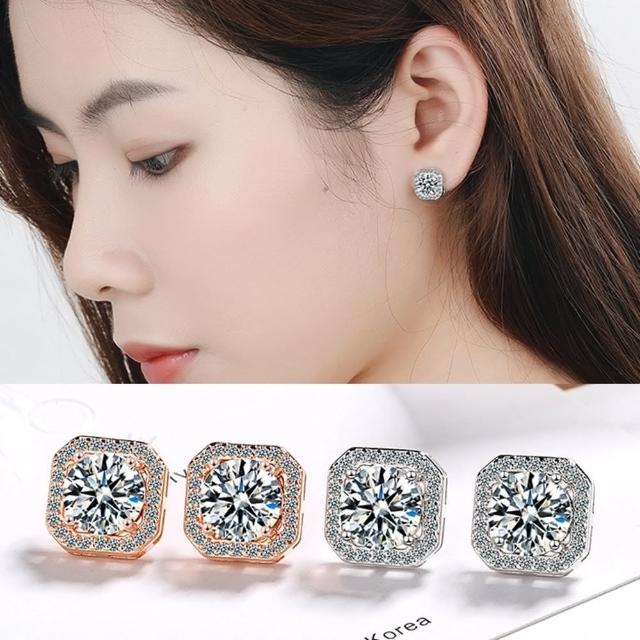【Emi 艾迷】韓系925銀針氣質華麗微方鑲鑽耳環