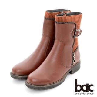 【bac】簡約率性異材質拼接釦帶平底短靴(咖啡酒紅色)