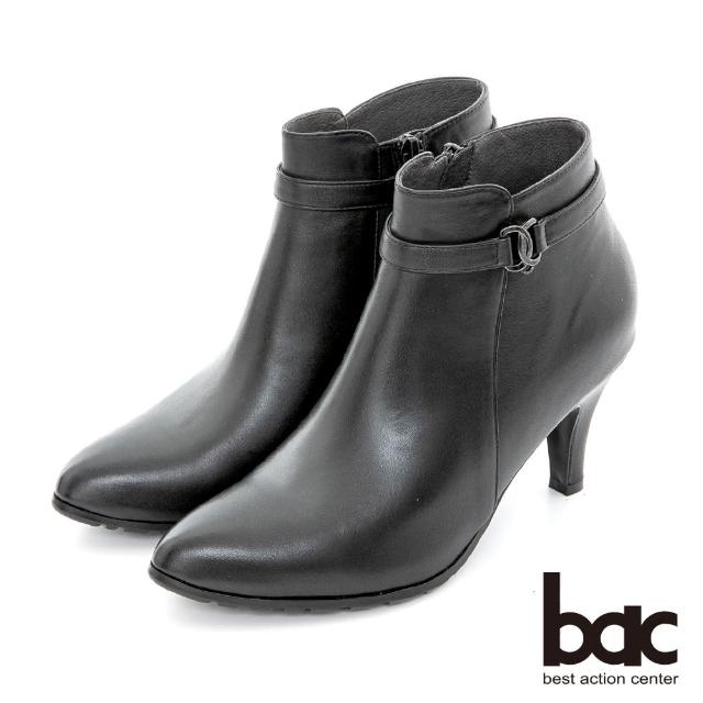 【bac】簡約尖頭金屬裝飾釦高跟短靴(黑色)