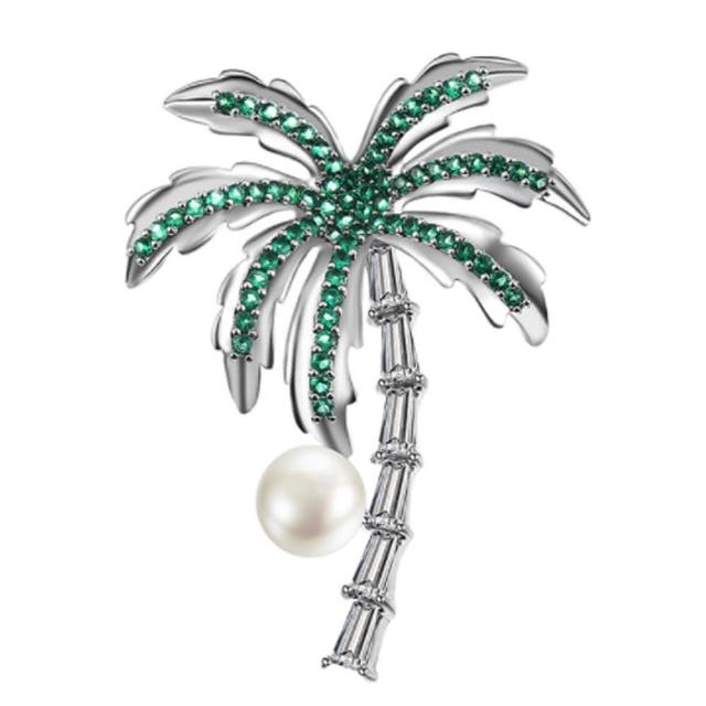 【Jpqueen】椰子樹珍珠鋯石2用胸針別針(銀色)