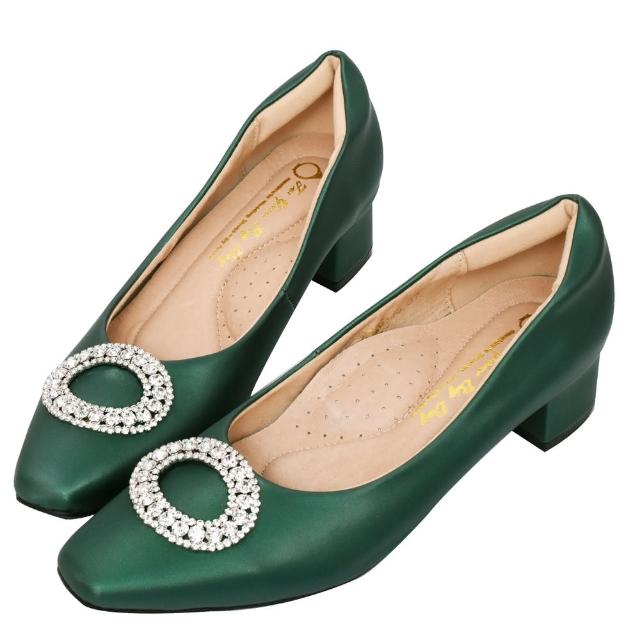 【Ann’S】歐風古典-絲緞感圓形鑽扣小方頭低跟鞋4cm-版型偏小(綠)