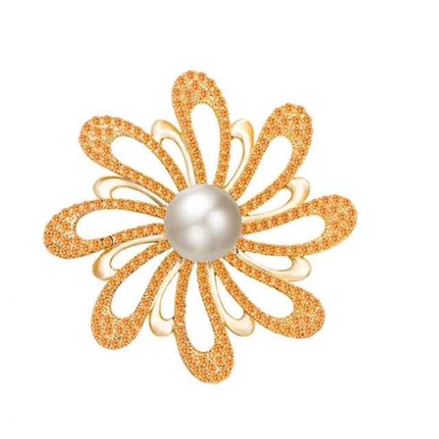 【Jpqueen】簡約花朵珍珠鏤空鋯石2用胸針別針(金色)