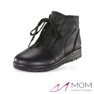 【MOM】真皮短靴 平底短靴/真皮頭層牛皮經典綁帶拼接舒適平底短靴(黑)