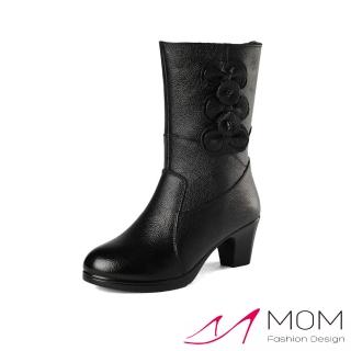 【MOM】真皮中筒靴 低跟中筒靴/真皮立體花結綴飾低跟中筒靴(黑)