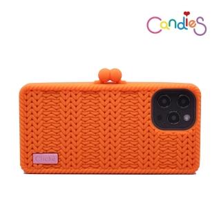 【Candies】iPhone 12 Pro Max適用6.7吋 Cliche針織 雙珠扣錢包手機殼(橘)