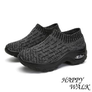 【HAPPY WALK】舒適撞色線條飛織襪套氣墊休閒鞋(黑)