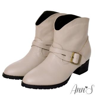 【Ann’S】美式風格-古銅釦V口顯瘦牛皮全真皮粗跟西部短靴4cm-版型偏小(芋泥灰)