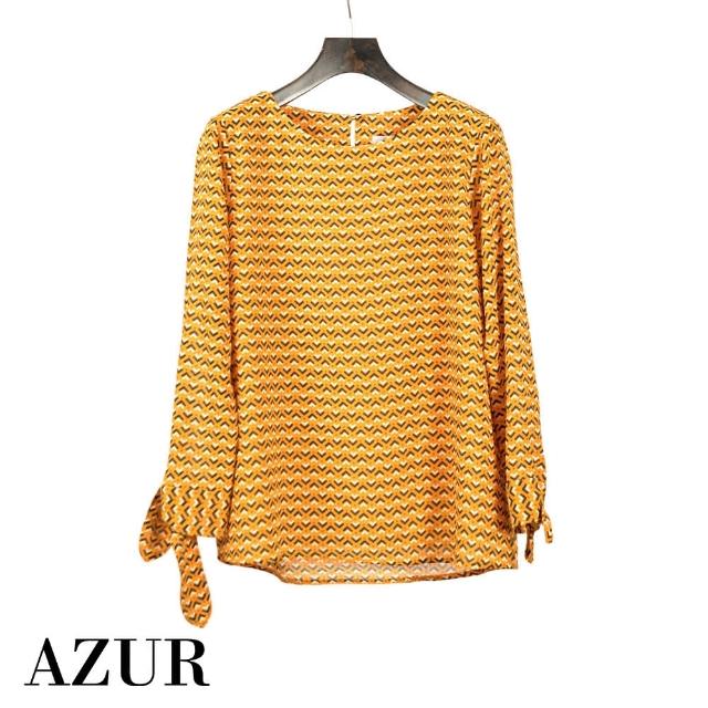 【AZUR】AZUR民族風格袖口綁帶上衣-黃底印花