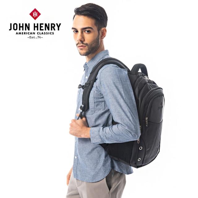 【JOHN HENRY】簡約雙環設計電腦後背包-黑