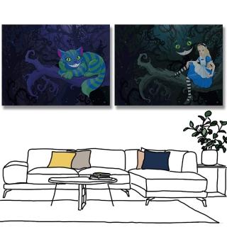 【24mama 掛畫】二聯式 油畫布 童話 森林 樹枝 動物 貓咪 插圖 無框畫-40x30cm(柴郡貓與愛麗絲)