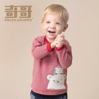 【奇哥官方旗艦】Chic a Bon 開心雪季小刺蝟繡花T恤-紅條紋(1-5歲)