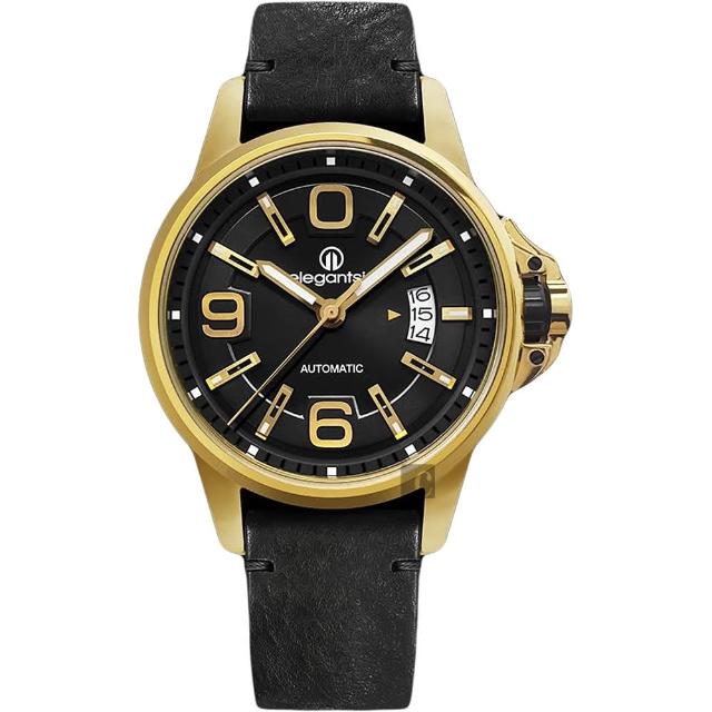 【elegantsis 愛樂時】JT55A 復古潮流機械錶-黑x金框/44mm(ELJT55A-NB03LC)
