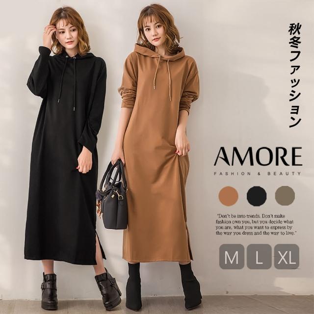 【Amore】日韓時尚氣質連帽連身長版上衣(輕鬆穿搭秋冬單品)