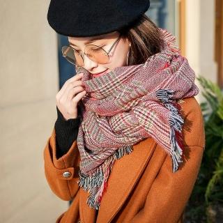 【Acorn 橡果】秋冬新款格紋圍巾披肩斗篷羊絨流蘇質感6041(紅色)
