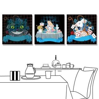 【24mama 掛畫】三聯式 油畫布 仙境 懷錶 花朵 動物 兔子 插圖 女孩 茶壺 貓 無框畫-60x60cm(愛麗絲茶會)