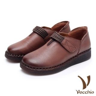 【Vecchio】真皮頭層牛皮復古線繩魔鬼粘手工縫線舒適厚底休閒鞋(棕)