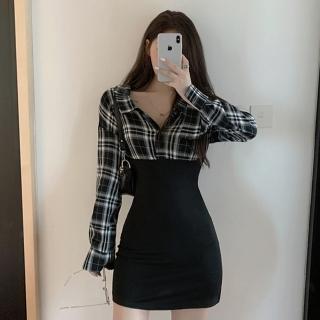 【BBHONEY】韓風網美款格子拼接包臀顯瘦修身連身裙(網美必備款)