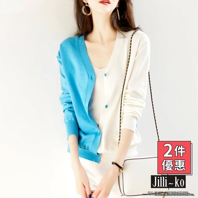 【JILLI-KO】買一送一 對稱撞色開襟針織衫-F(藍/黃)