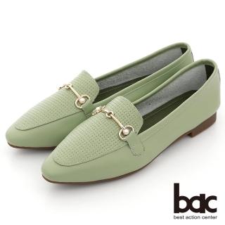 【bac】時髦小方頭編織金屬珍珠飾釦平底鞋(綠色)