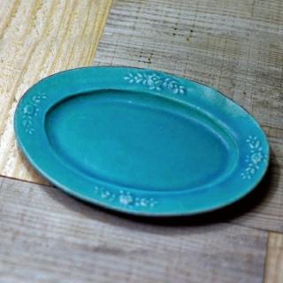 【有種創意食器】日本益子燒 - 青綠燻刻紋橢圓花盤