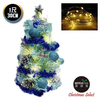 【摩達客】台製迷你1尺/30cm裝飾冰藍色聖誕樹-銀藍松果系+LED20燈銅線燈(暖白光/USB電池兩用充電)