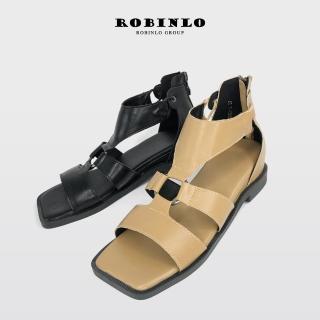 【Robinlo】復古挖空一字帶繞踝方頭低跟涼鞋BIVA(杏/黑色)