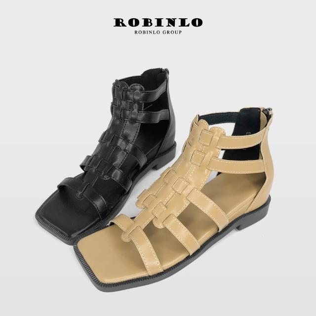 【Robinlo】美式復古鏤空繞踝羅馬方頭涼鞋BEAL(杏/黑色)