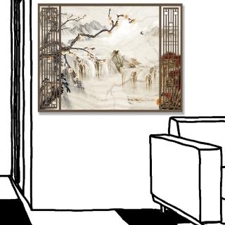 【24mama 掛畫】單聯式 油畫布 抽象插圖 瀑布山丘 棕色格柵 無框畫-40x30cm(開花的樹)