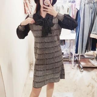 【BBHONEY】格子雪紡拼接針織連身裙(網美必備款)
