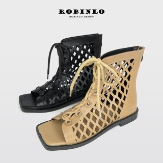 【Robinlo】時尚幾何鏤空羅馬綁帶魚口平底涼鞋JOSE(杏/黑色)