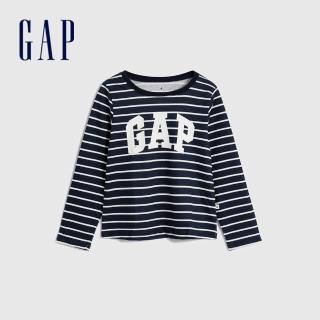 【GAP】女幼童裝 Logo純棉圓領長袖T恤 布萊納系列-白色條紋(789565)