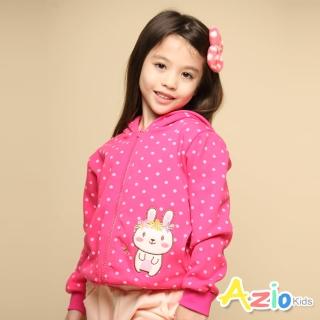 【Azio Kids 美國派】女童 外套 滿版點點兔子小花刺繡貼布連帽不倒絨長袖外套(桃)